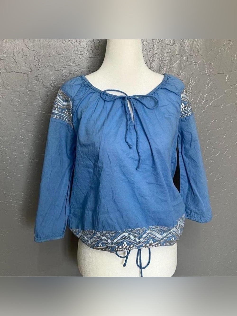 Blue Embroidered Peasant Blouse